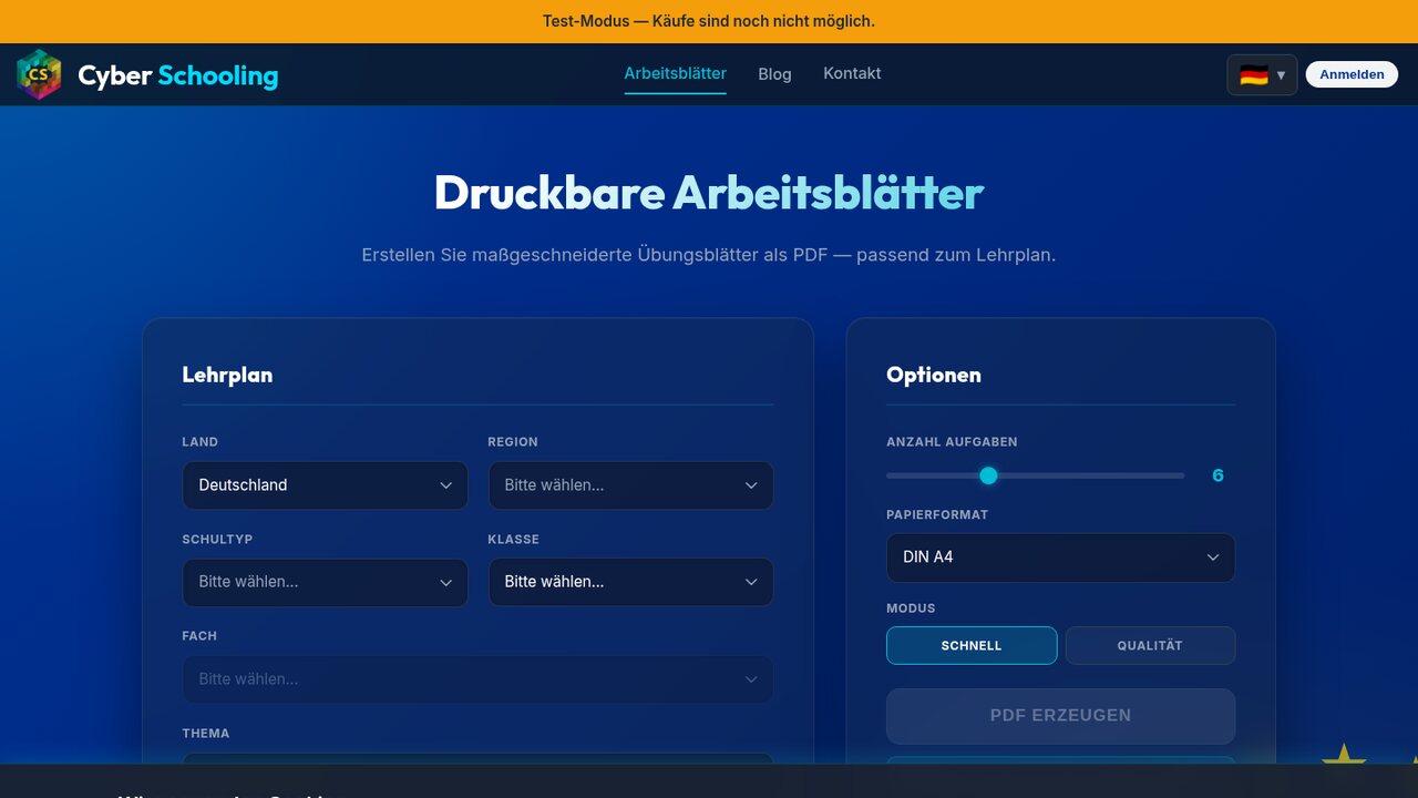 Screenshot der Arbeitsblatt-Erstellung von Cyberschooling